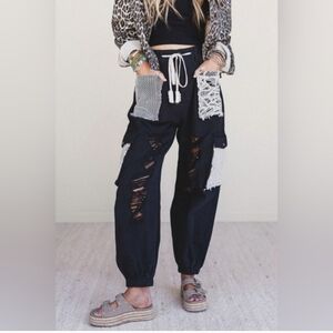 POL Black Distressed Crochet Detail Jogger Pants